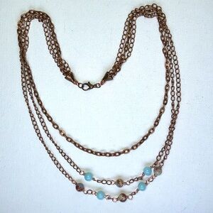 Handmade Genuine Natural Sky Blue Jasper Bead Station 3 Strand Copper Necklace